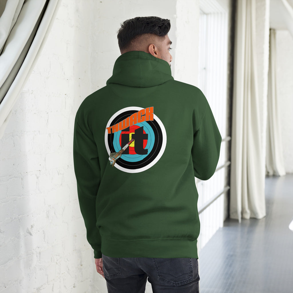 Thwack It Pullover Hoodie in Forest Green, back view on a model showing the THWACK it target-and-arrow design