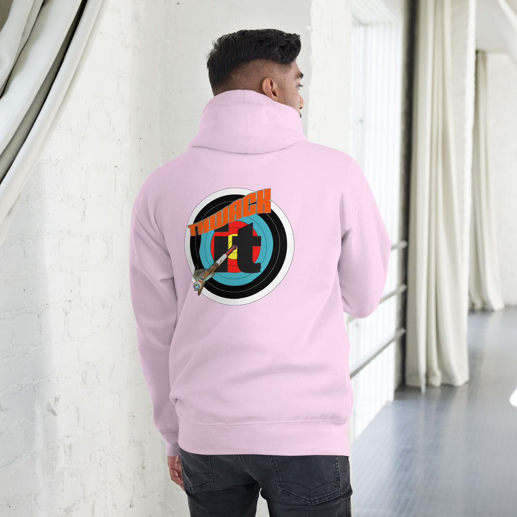 Thwack It Pullover Hoodie in Lavender, back view on a model showing the THWACK it target-and-arrow design