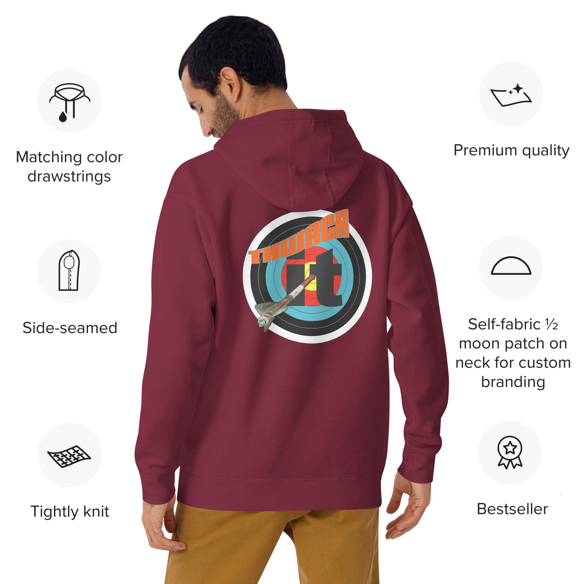 Thwack It Pullover Hoodie in Maroon, back view on a model with hoodie feature callouts
