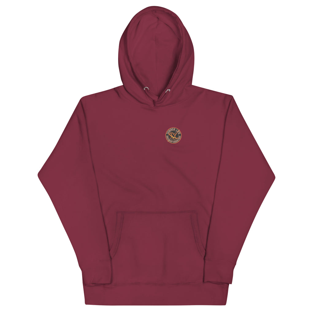 Thwack It Pullover Hoodie in Maroon, flat front view with the small round chest logo