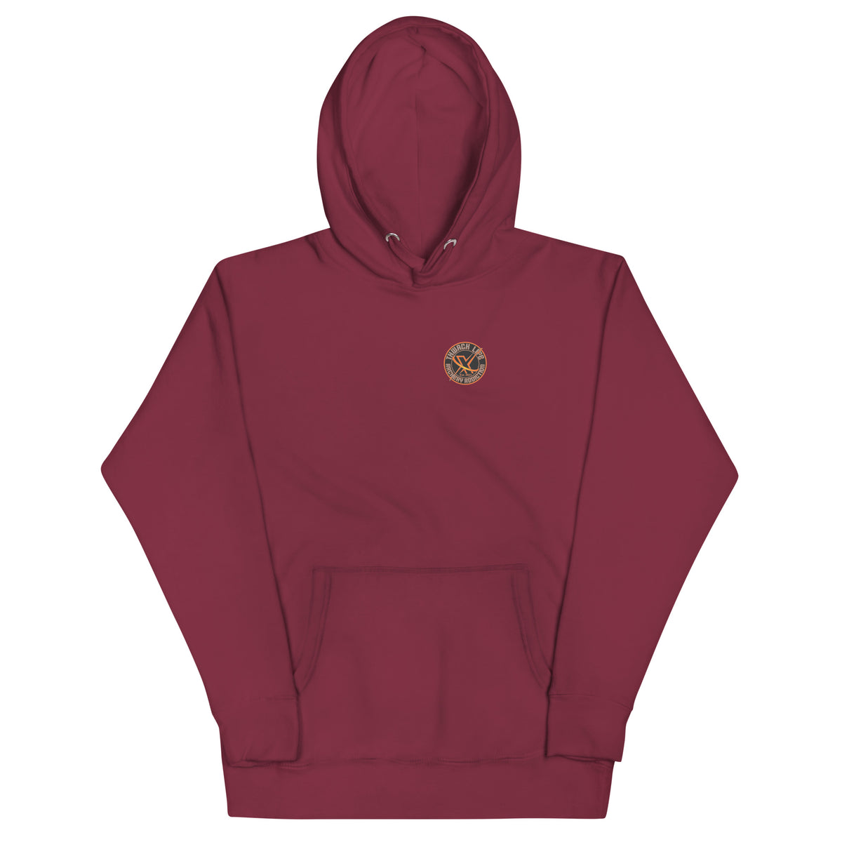 Thwack It Pullover Hoodie in Maroon, flat front view with the small round chest logo