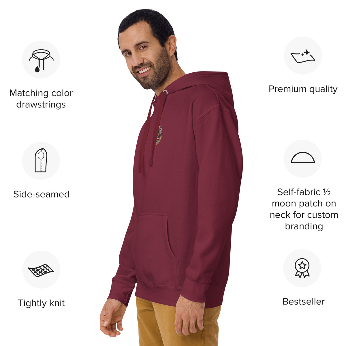 Thwack It Pullover Hoodie in Maroon, side view on a model with hoodie feature callouts
