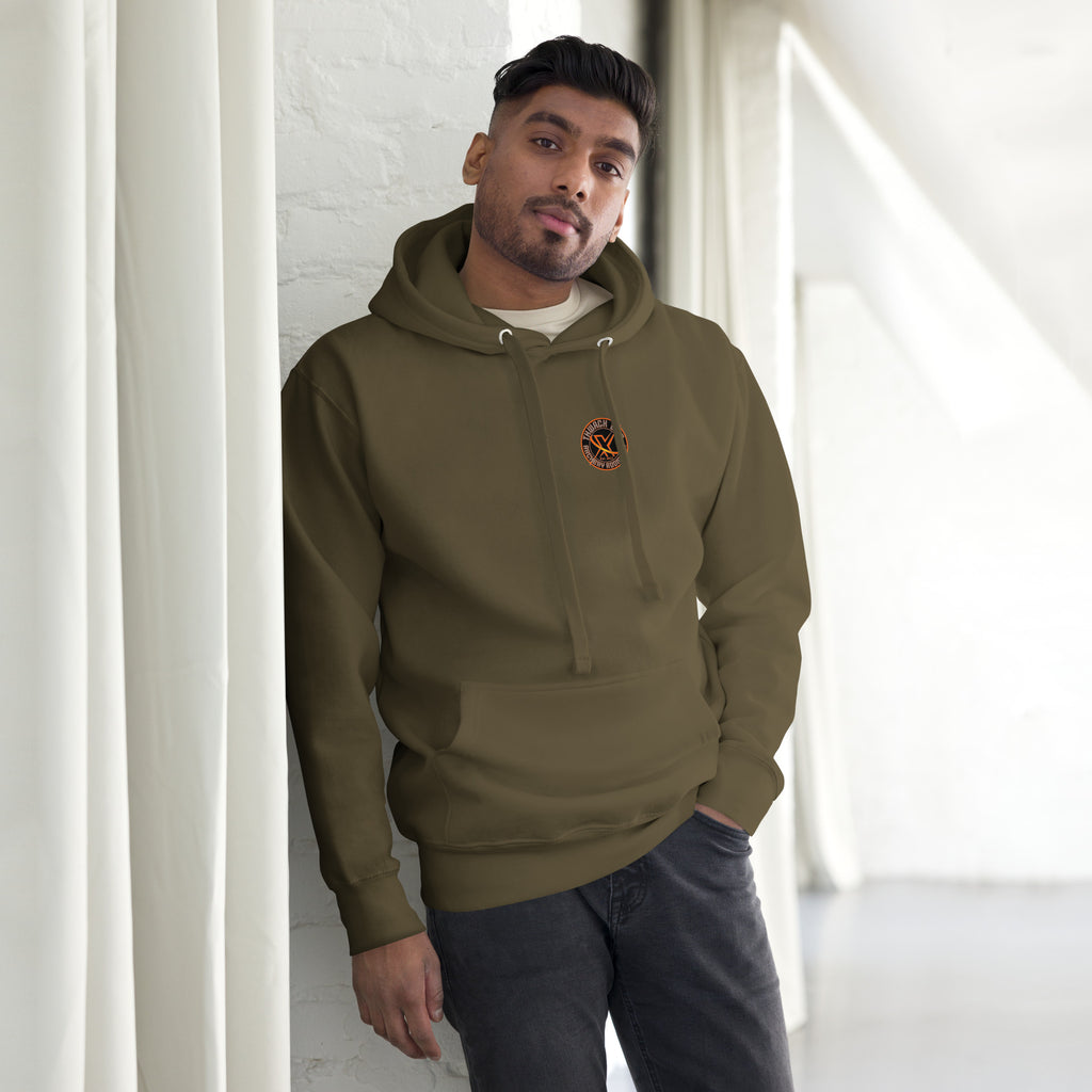 Thwack It Pullover Hoodie in Military Green, front view on a model with the small round chest logo