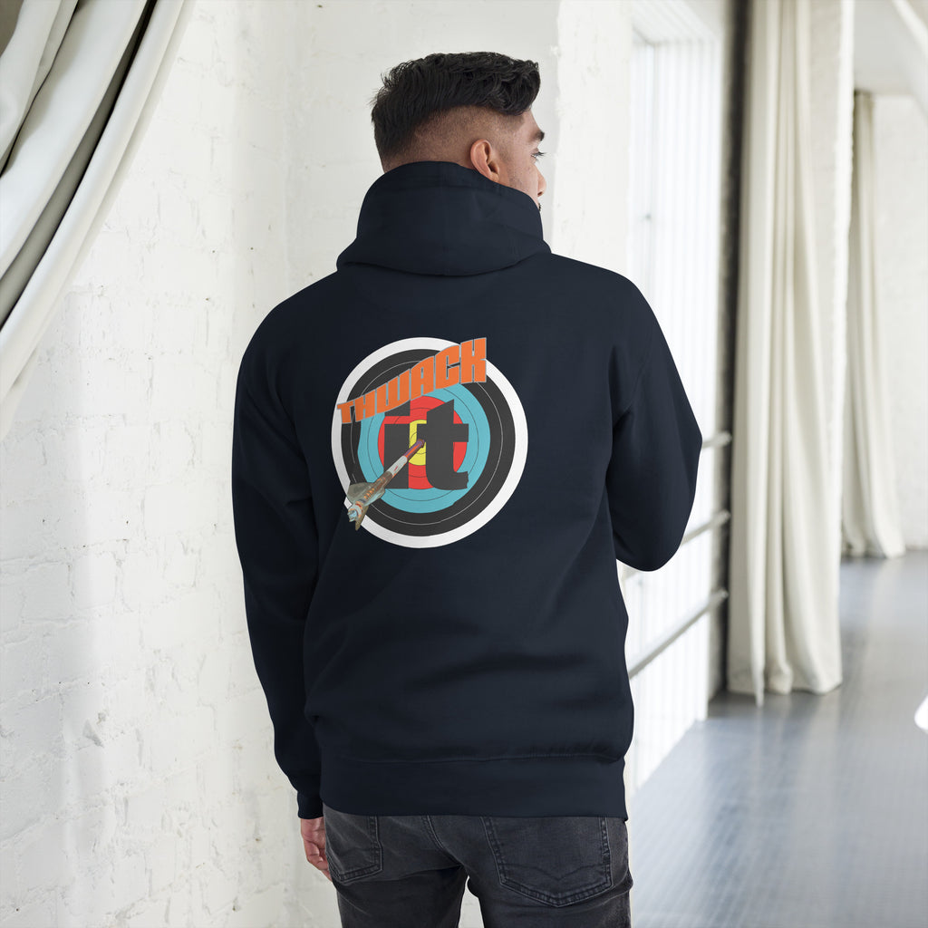 Thwack It Pullover Hoodie in Navy Blazer, back view on a model showing the THWACK it target-and-arrow design