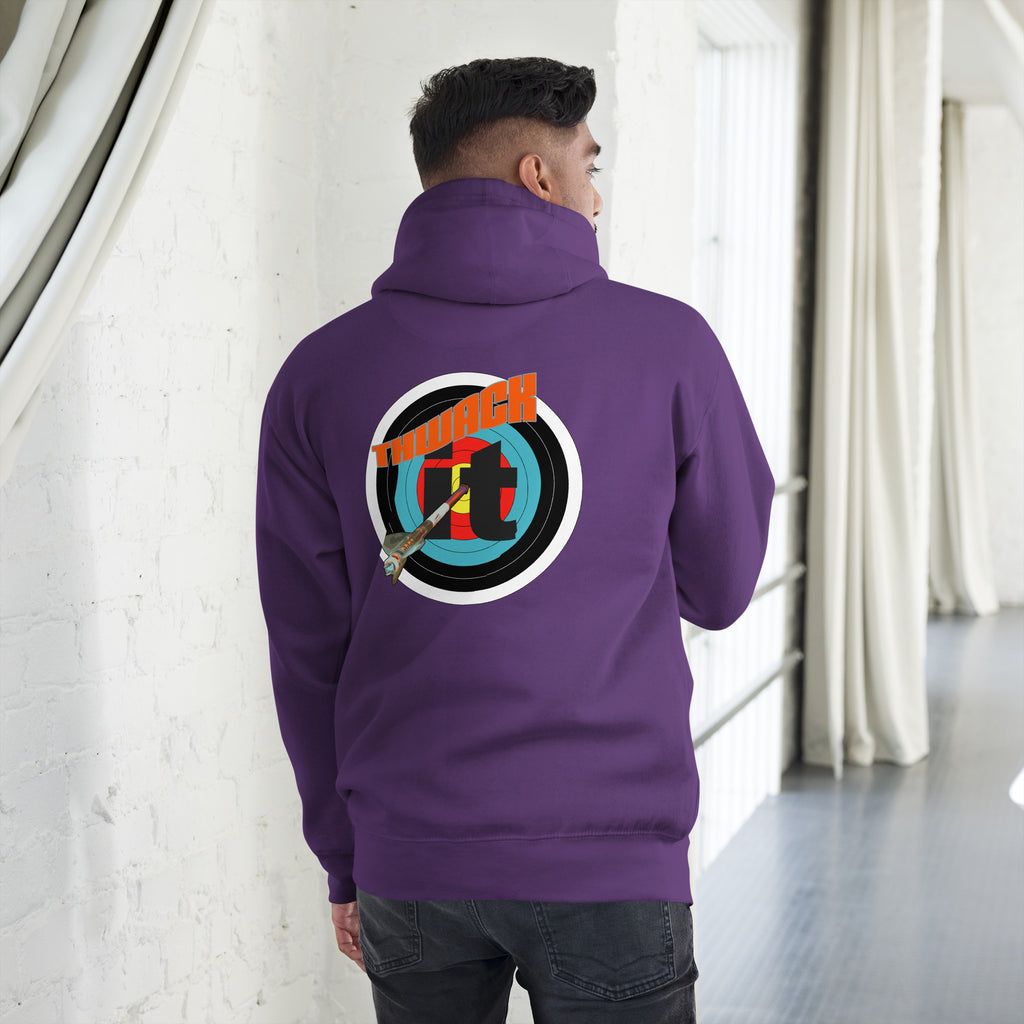 Thwack It Pullover Hoodie in Purple, back view on a model showing the THWACK it target-and-arrow design