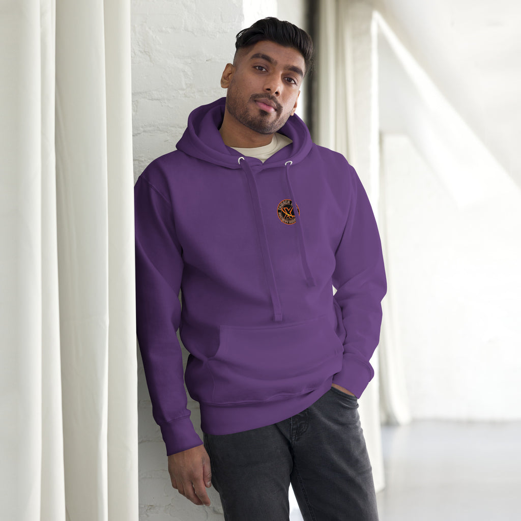 Thwack It Pullover Hoodie in Purple, front view on a model with the small round chest logo