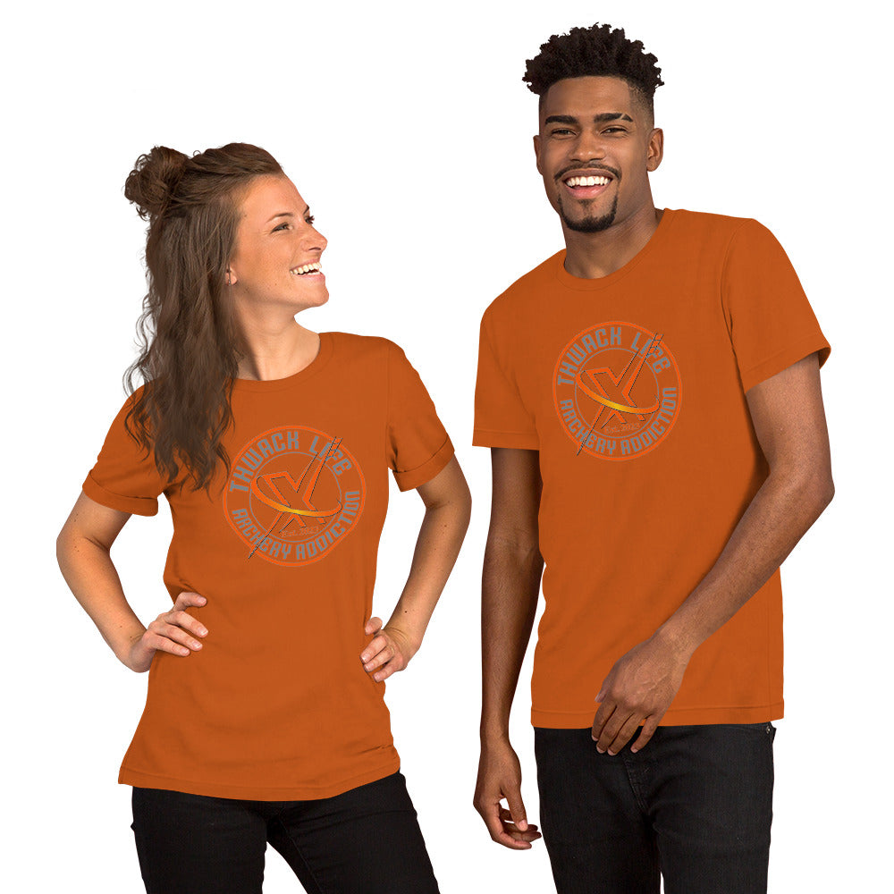Wordmark T-Shirt in Autumn, worn by two models, showing the round Thwack Life Archery Addiction badge