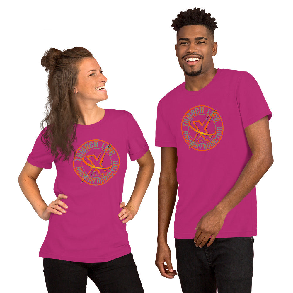 Wordmark T-Shirt in Berry, worn by two models, showing the round Thwack Life Archery Addiction badge