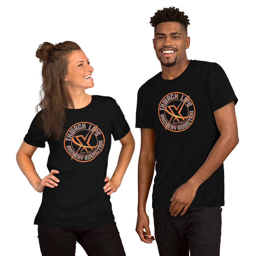 Wordmark T-Shirt in Black, worn by two models, showing the round Thwack Life Archery Addiction badge