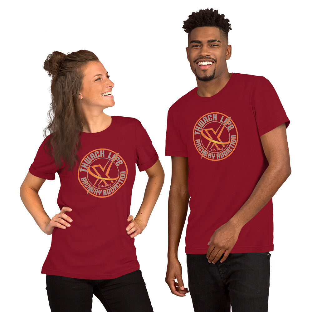 Wordmark T-Shirt in Cardinal, worn by two models, showing the round Thwack Life Archery Addiction badge