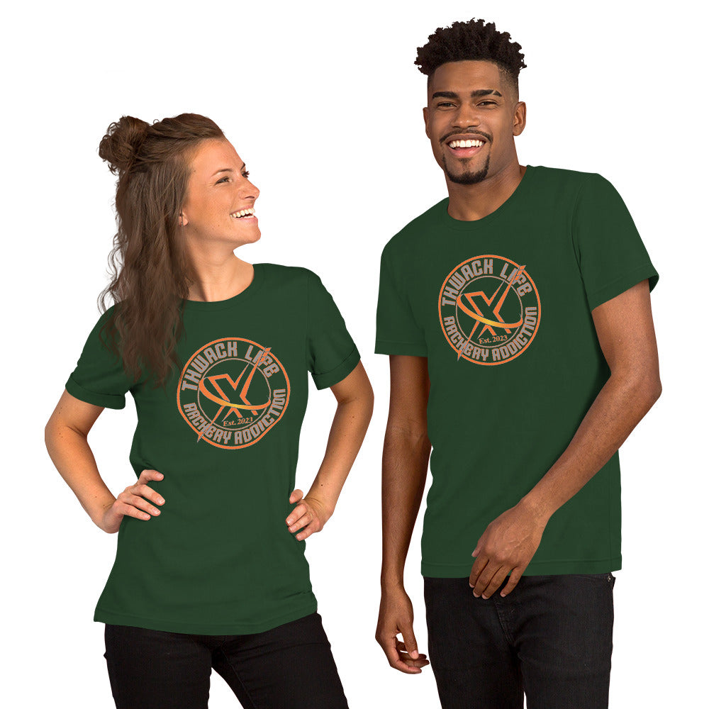 Wordmark T-Shirt in Forest, worn by two models, showing the round Thwack Life Archery Addiction badge