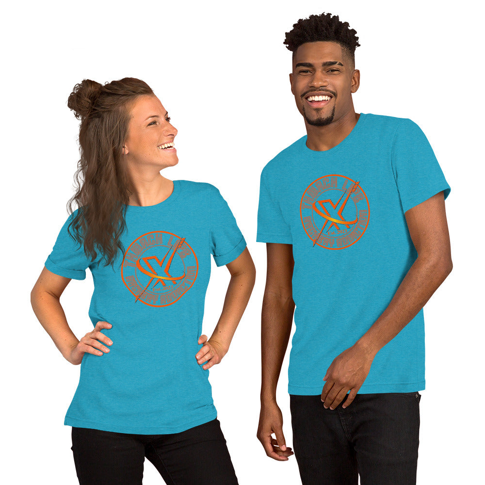 Wordmark T-Shirt in Heather Aqua, worn by two models, showing the round Thwack Life Archery Addiction badge