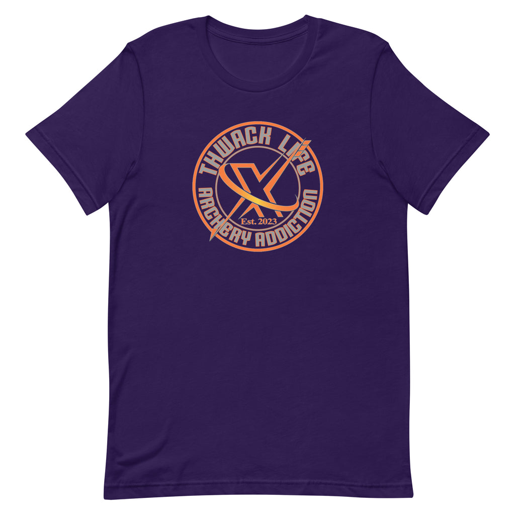 Wordmark T-Shirt in Team Purple, flat front view with the round Thwack Life Archery Addiction badge