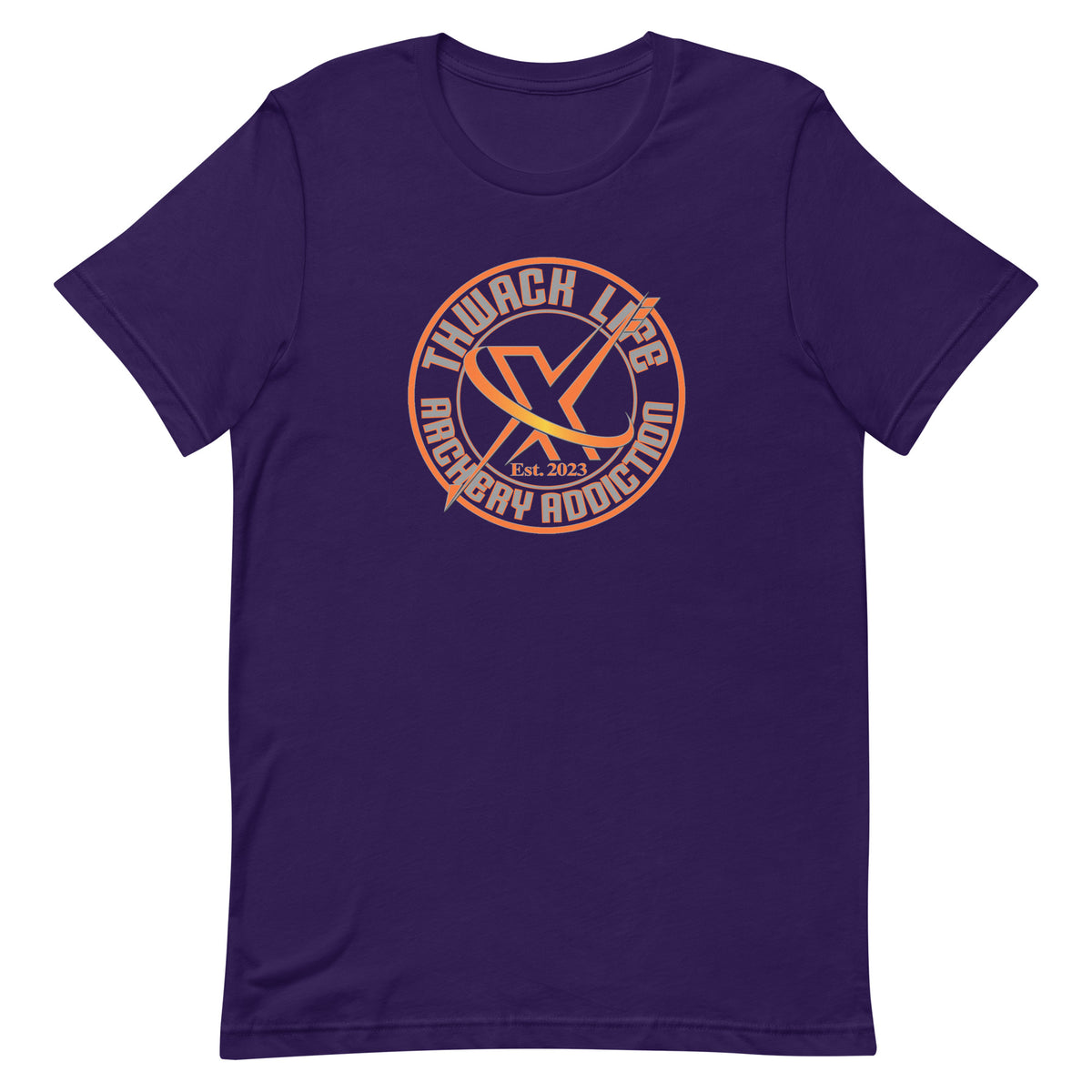 Wordmark T-Shirt in Team Purple, flat front view with the round Thwack Life Archery Addiction badge