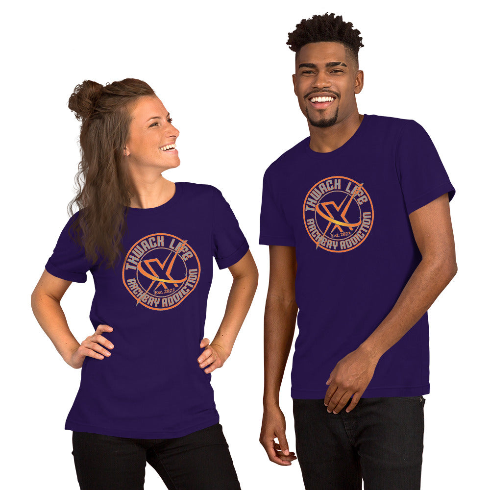 Wordmark T-Shirt in Team Purple, worn by two models, showing the round Thwack Life Archery Addiction badge
