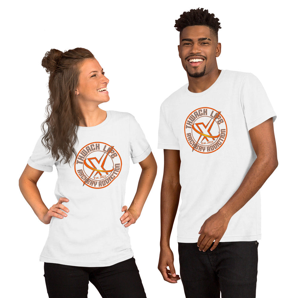 Wordmark T-Shirt in White, worn by two models, showing the round Thwack Life Archery Addiction badge