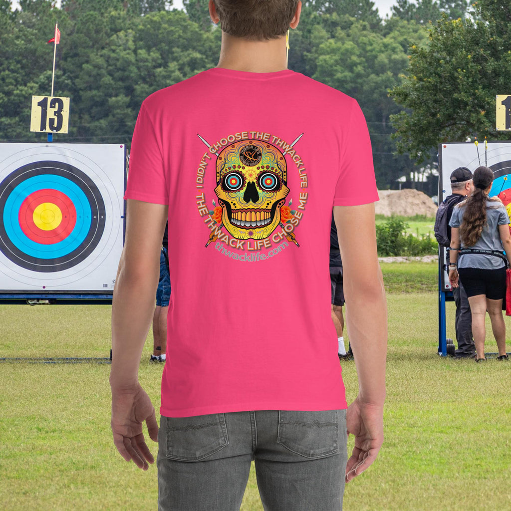 Sugar Skull two-sided t-shirt in Heliconia, back view