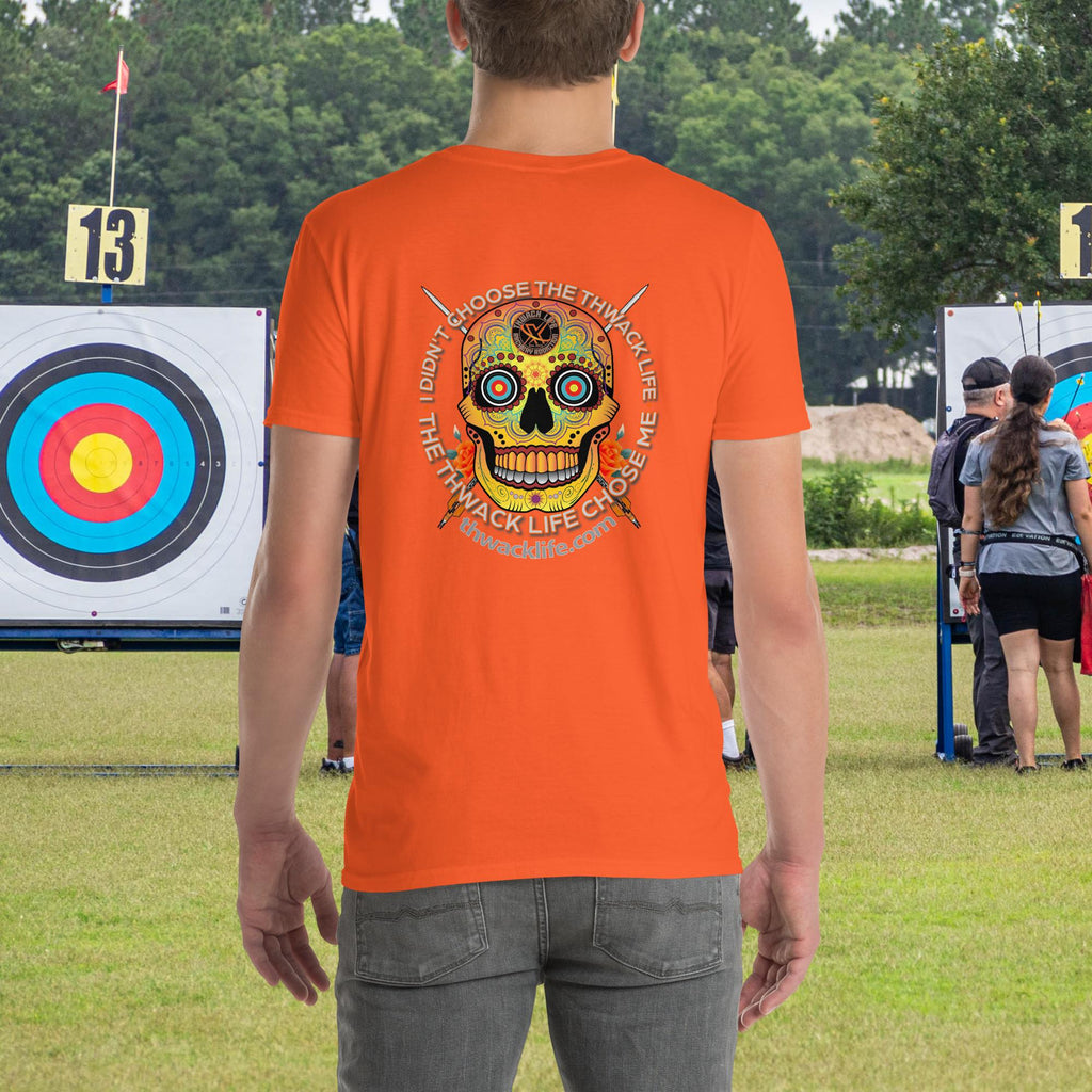 Sugar Skull two-sided t-shirt in Orange, back view