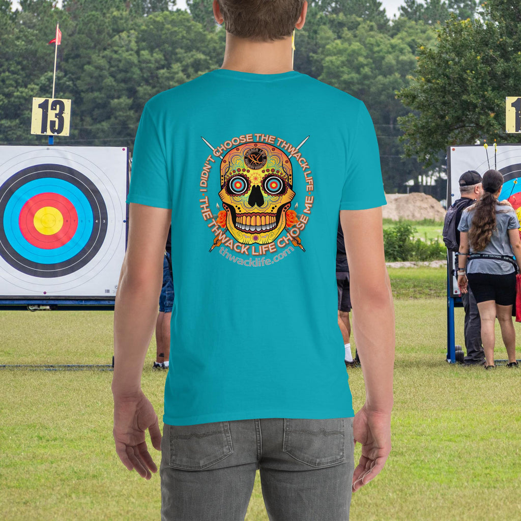 Sugar Skull two-sided t-shirt in Tropical Blue, back view